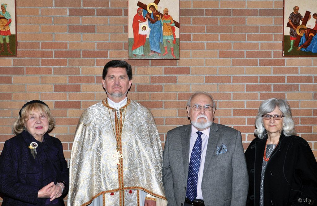 BOSTON – Seen on April 10 at the Christ the King Ukrainian Catholic Church in Boston, after the blessing of the newly installed Stations of the Cross icons (from left) are: Motria Holowinsky (donor); the Very Rev. Archpriest Yaroslav Nalysnyk, pastor; Dr. Andrew Holowinsky (donor); Tania Vitvitsky, member, Greater Boston Friends of UCU. The Stations of the Cross icons were blessed just in time for Easter according to the Julian calendar. Contemporary yet at the same time traditionally Ukrainian, the icons were commissioned by the Christ the King Church. Nadiya Karwacka of the Icon Painting School at the Ukrainian Catholic University in Lviv painted the icons utilizing the ancient egg tempera technique (dry pigments, egg yolk mixed with water and vinegar) on wooden plaques covered with many layers of gesso. Parishioners were delighted with this thoughtful and generous gift of the Holowinsky family from Rhode Island. Tania Vitvitsky